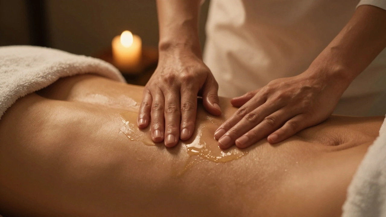 Hands gently applying warm oil to a man's lower abdomen in soft candlelight.