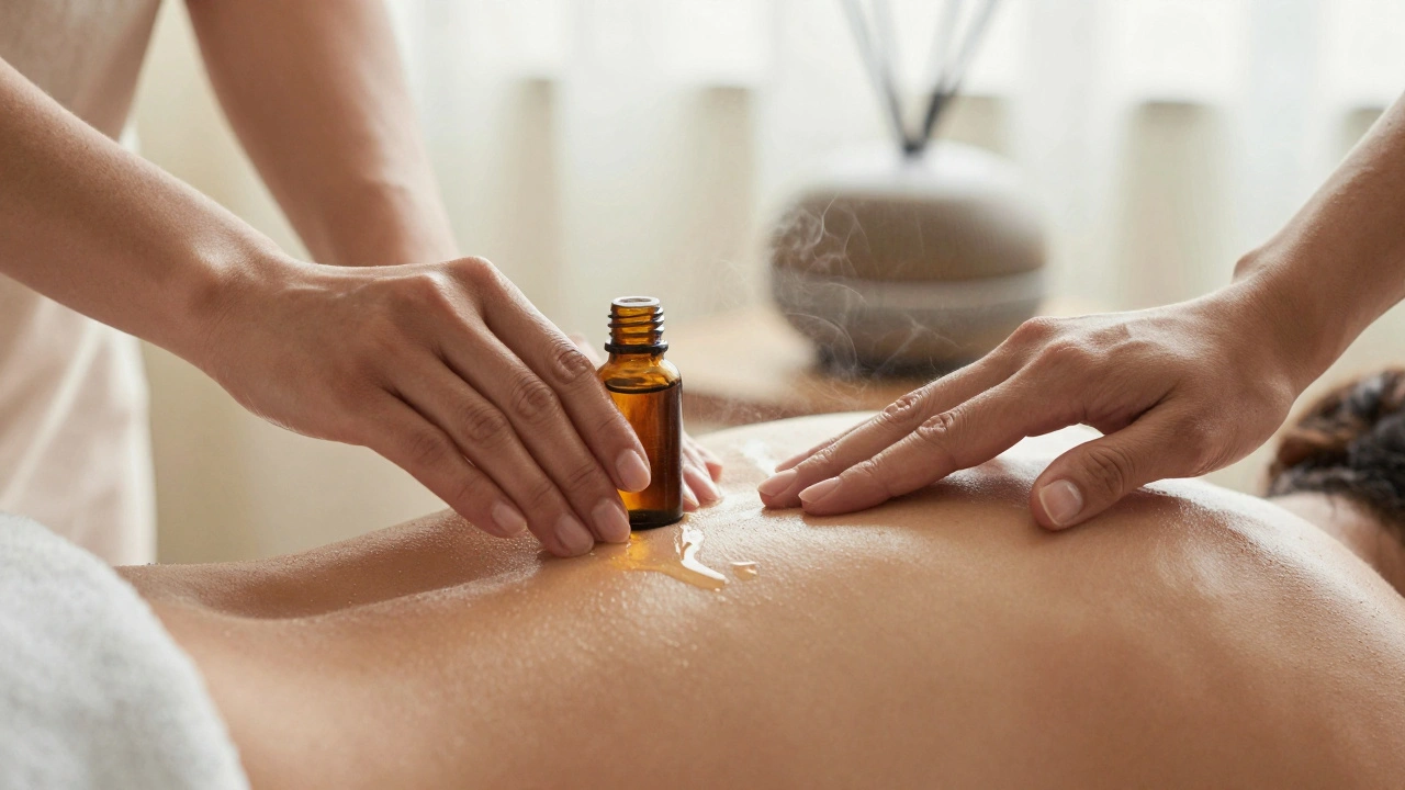 Hands massaging back with essential oil applied, steam rising gently from warm towels.