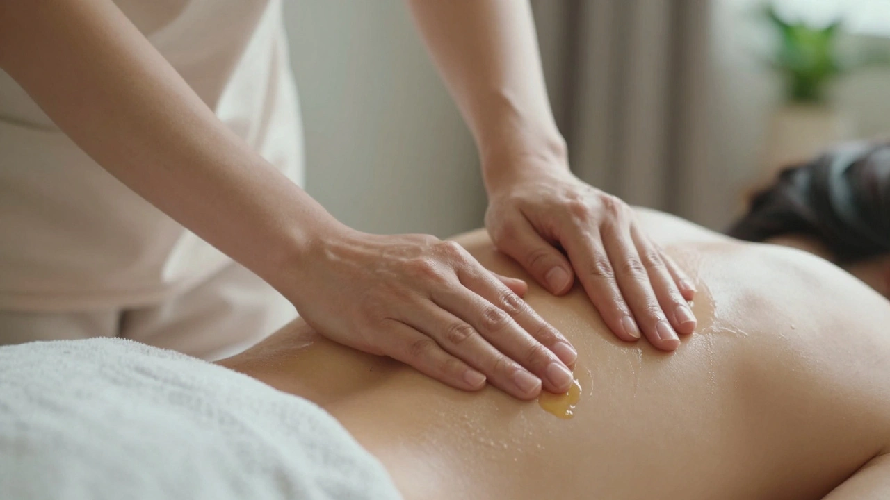 Hands massaging shoulders with natural oil, showing gentle pressure and warm lighting in a home environment.