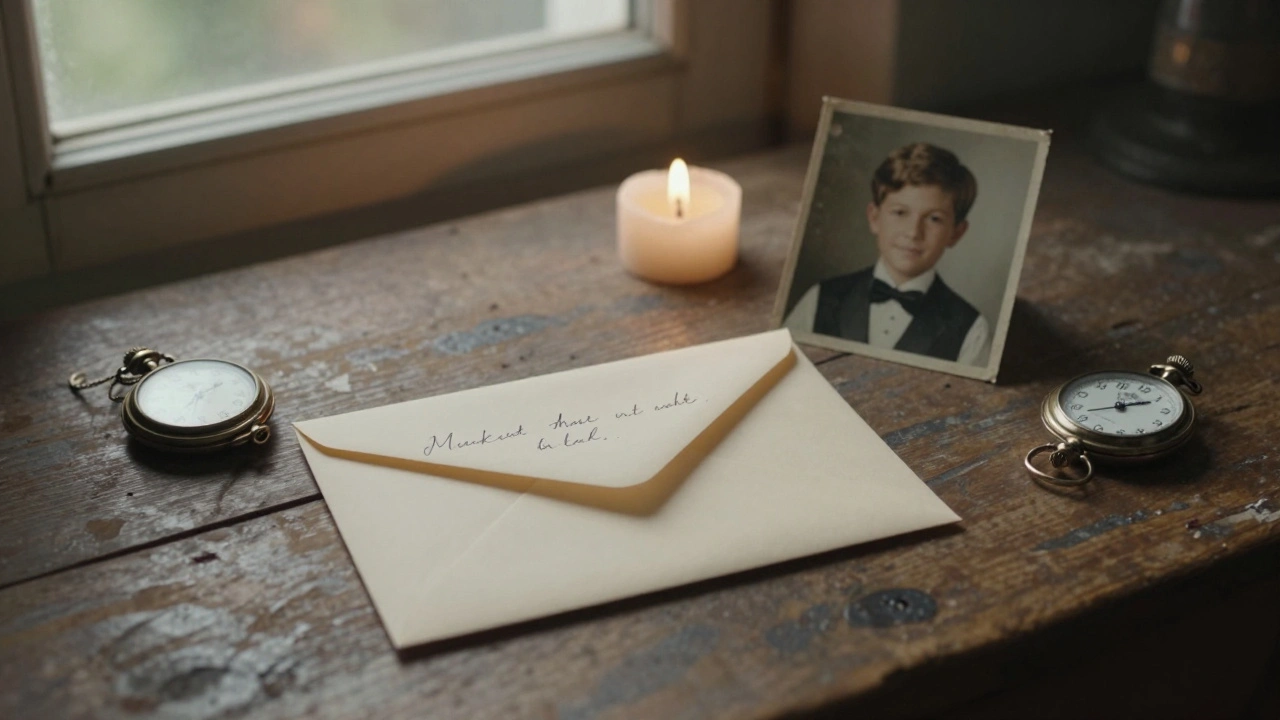 Handwritten letter and childhood photo of groom on wooden table with candlelight.