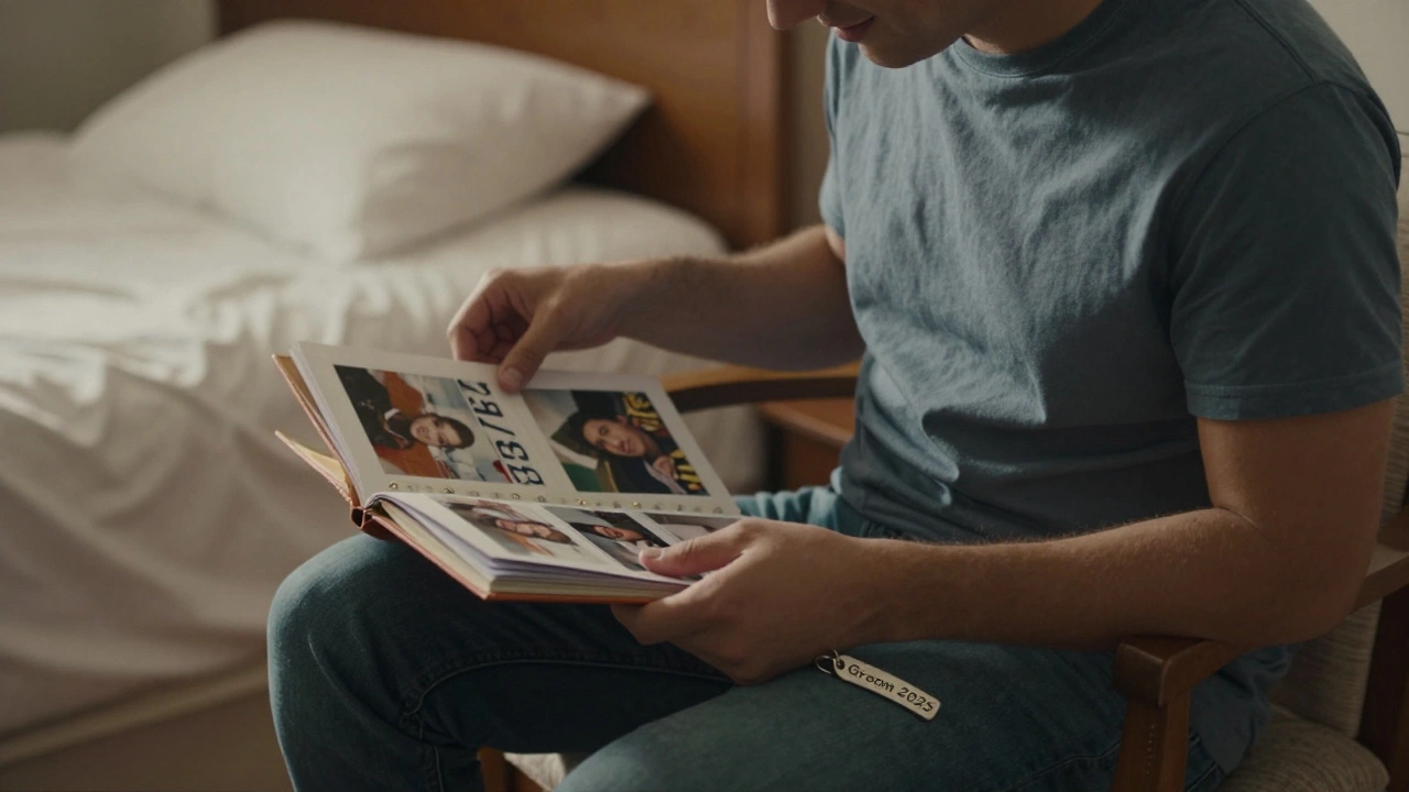 Man smiling while holding a photo album in a sunlit room, keychain on lap