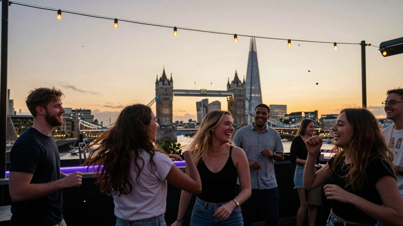 People dancing on a rooftop terrace as London skyline glows at dawn
