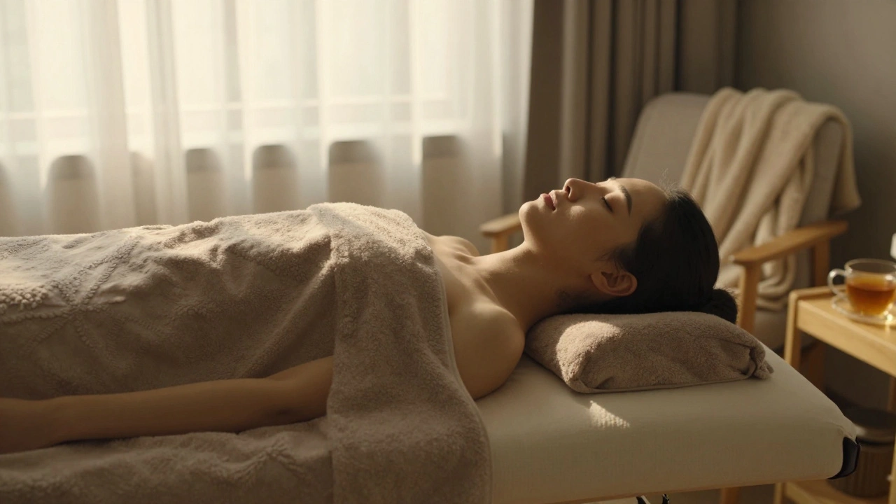 Person relaxing on a massage table at home, eyes closed, covered with a towel in a quiet, peaceful setting.