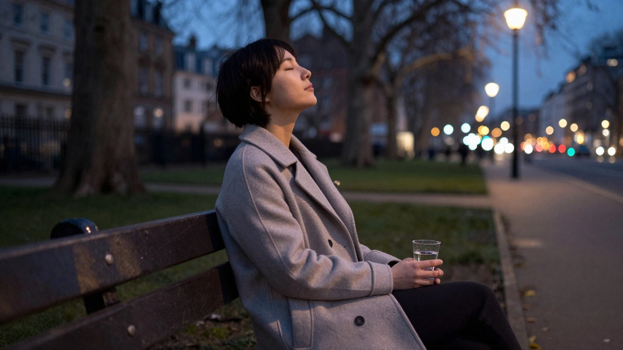 Person sitting peacefully on a London bench at dusk after a massage session