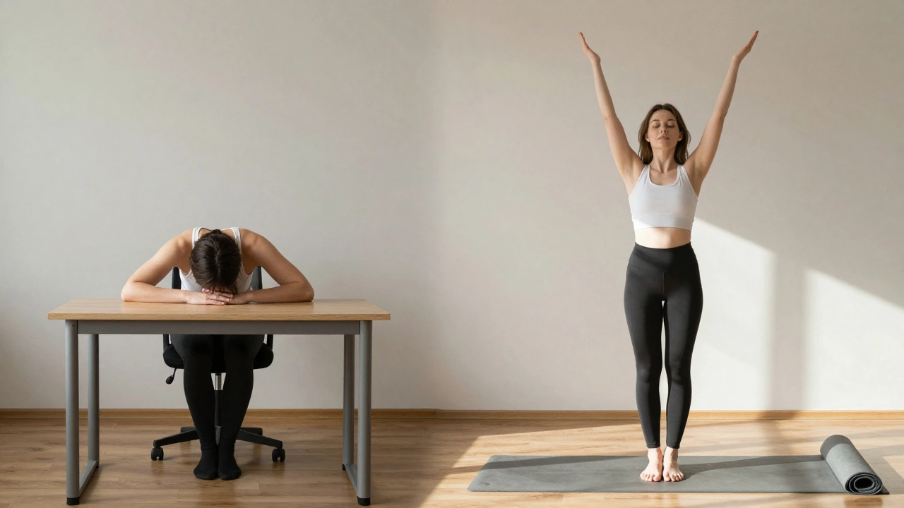 Person transitioning from hunched posture to relaxed, upright stance