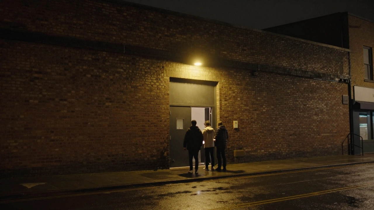 Plain brick building with a single light above the entrance to Studio 338 at night.