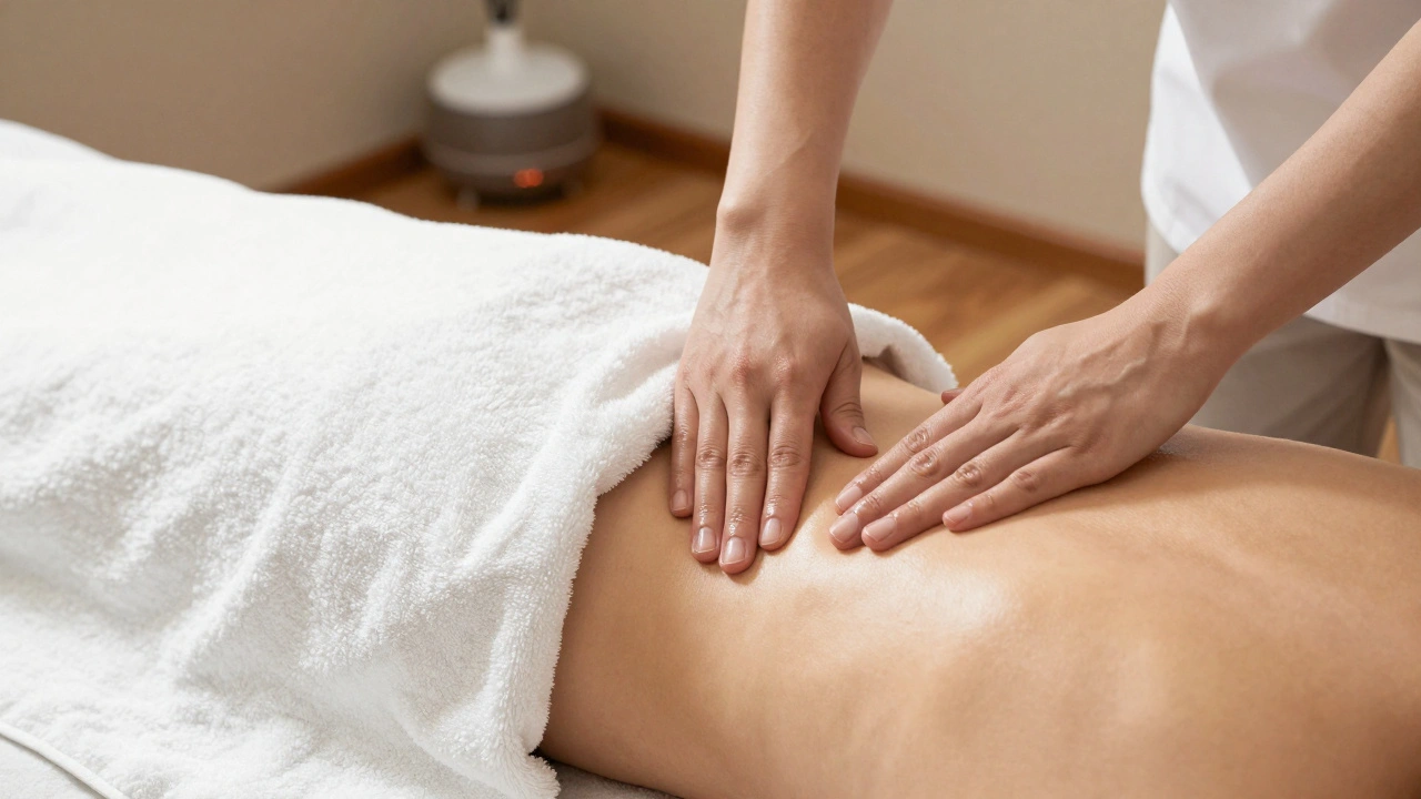 Professional hands applying massage oil to a back covered by a towel, emphasizing modesty and care.
