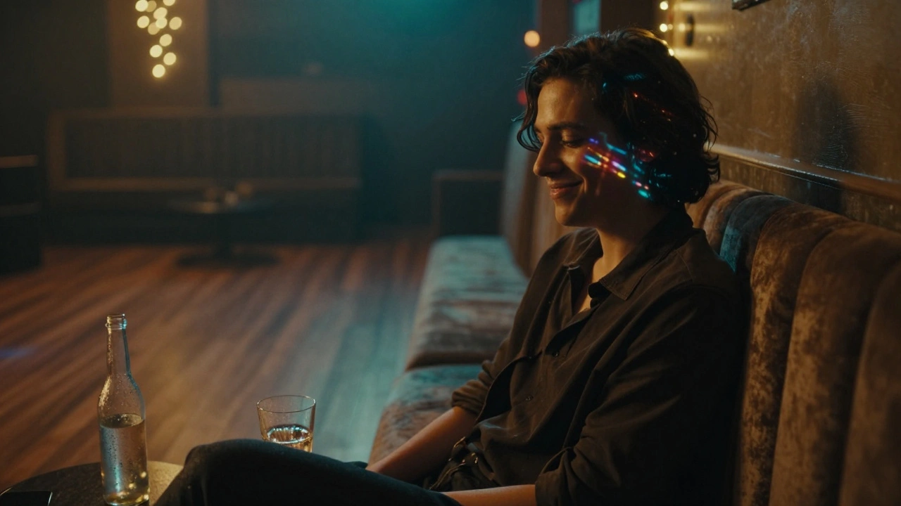 Solo person smiling in a quiet club corner at dawn, lit by fading string lights.