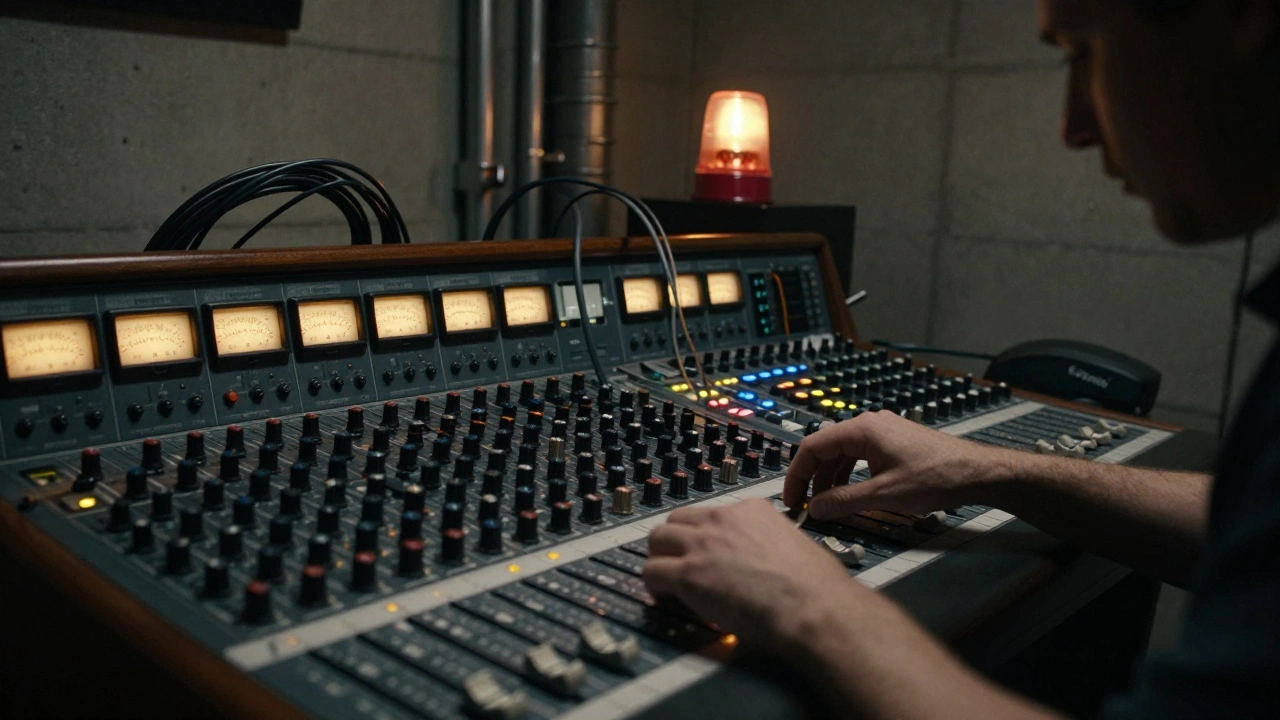 Sound engineer adjusting mixing desk surrounded by cables and speakers in dim control booth