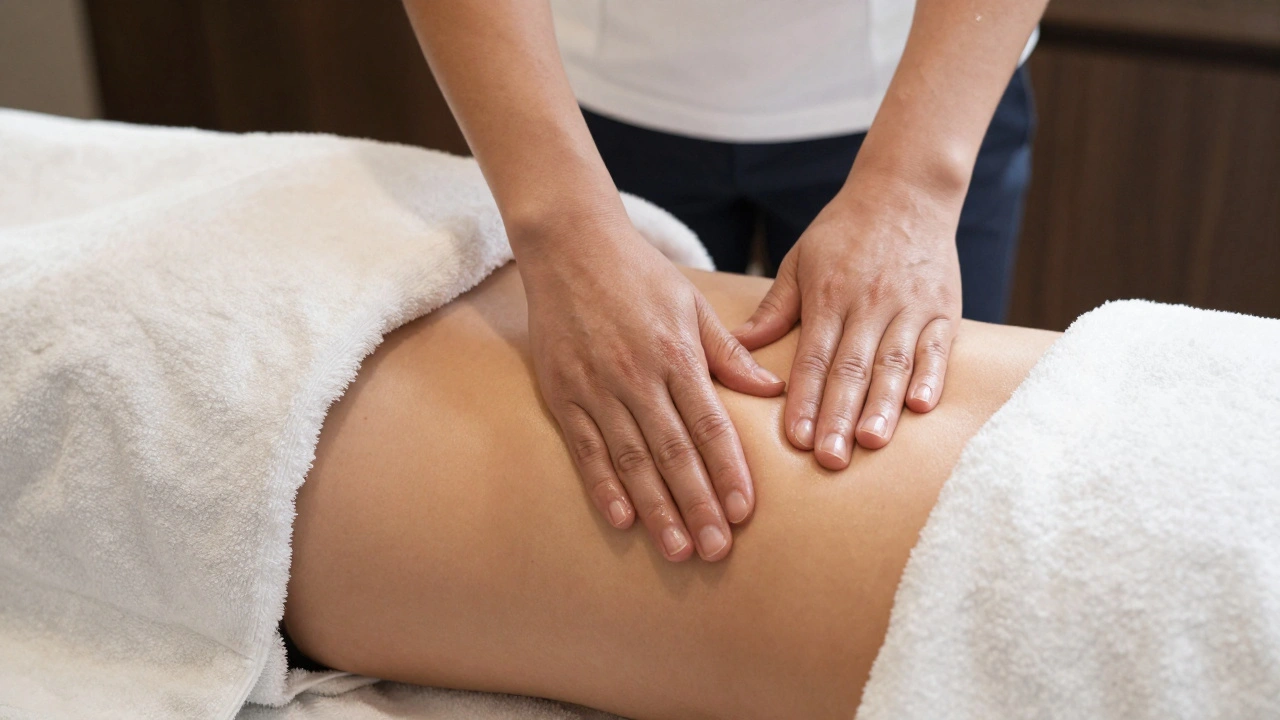 Therapist's hands applying oil to a towel-covered back during a professional massage