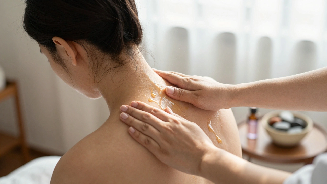 Therapist's hands applying warm oil to a client's shoulder with sunlight filtering through curtains.