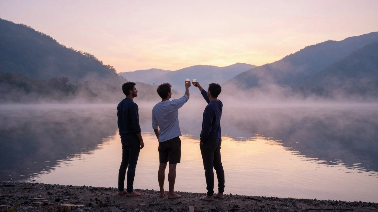 Three men raising a toast at sunrise by a calm lake, mist rising around them.