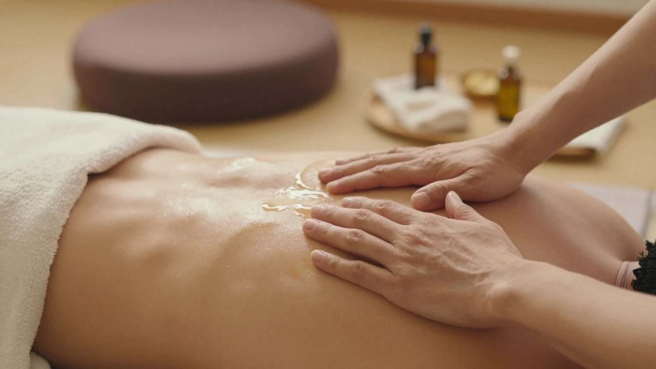 Two hands slowly touching a bare back with glistening oil, conveying calm and mindful connection.