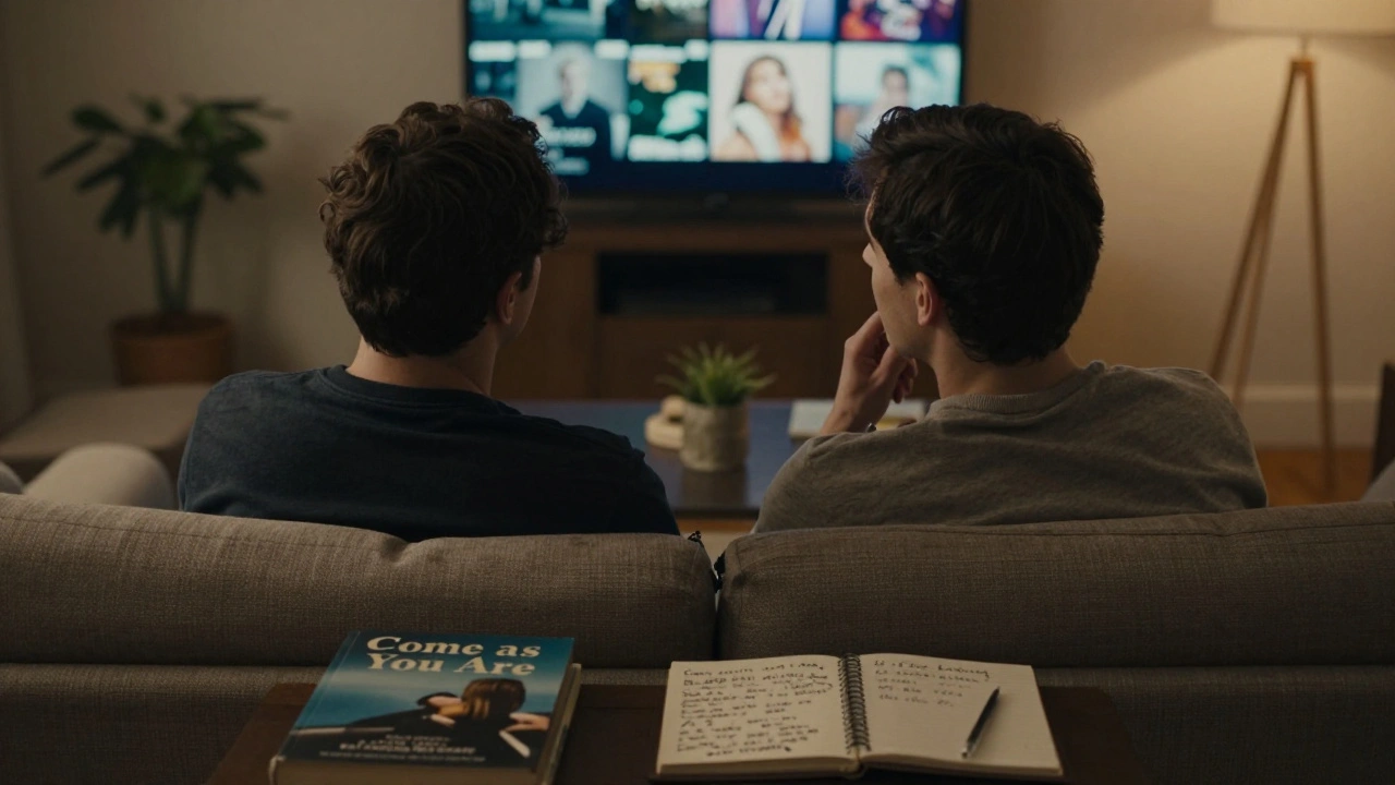 Two people discussing ethical adult content on a couch with books nearby