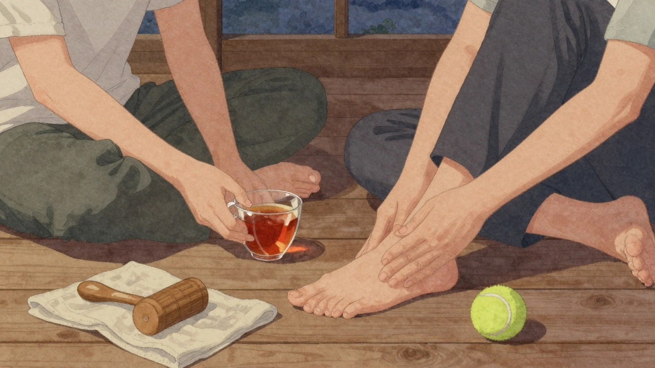 Two people sharing a quiet foot massage moment with tea and massage tools nearby.