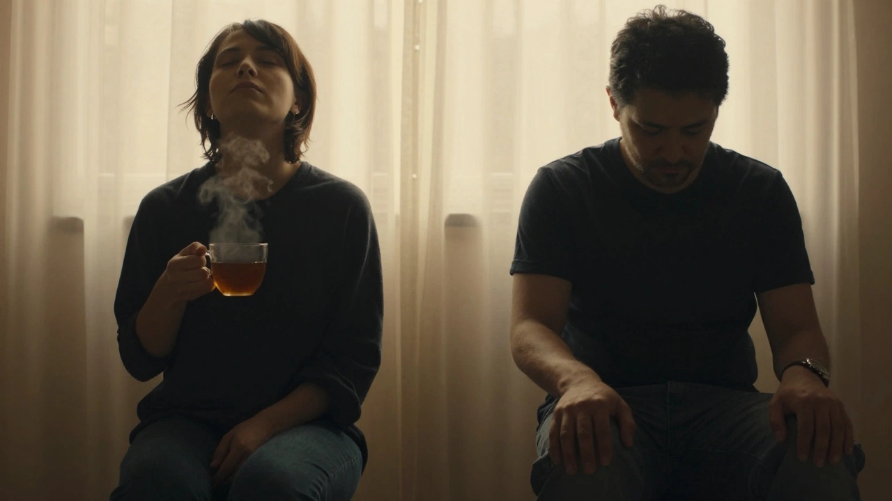 Two people sit quietly after a massage, one holding tea with eyes closed, both bathed in soft golden light, radiating calm.