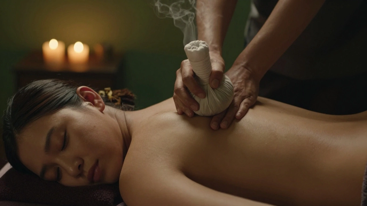 Warm herbal compress being gently pressed into the back during a Thai massage.