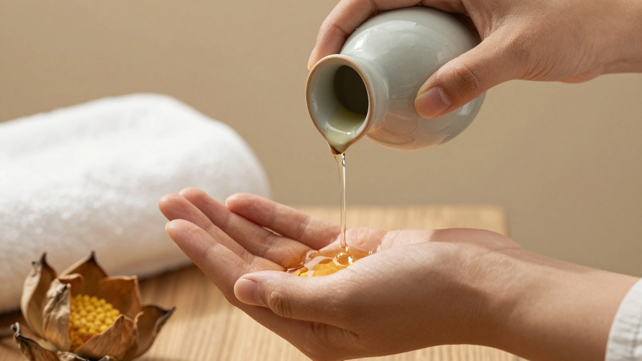 Warm oil being poured gently from a bottle into a hand, with natural elements nearby.