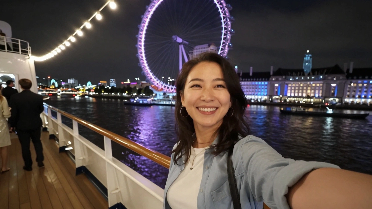 Woman taking a selfie with the London Eye glowing behind her on a night cruise