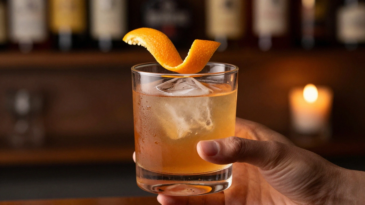 A hand holding a craft cocktail with ice and citrus twist under soft amber lighting.