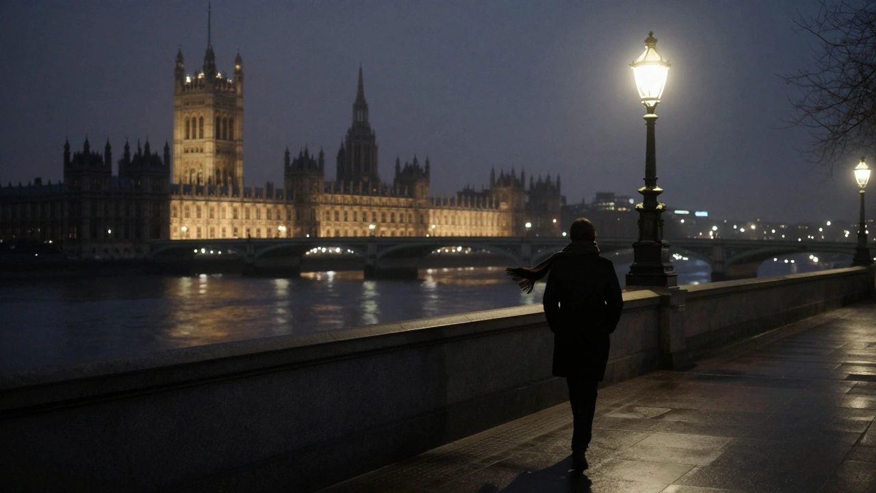 A lone person walking along the Thames at night, reflections of city lights on the water.
