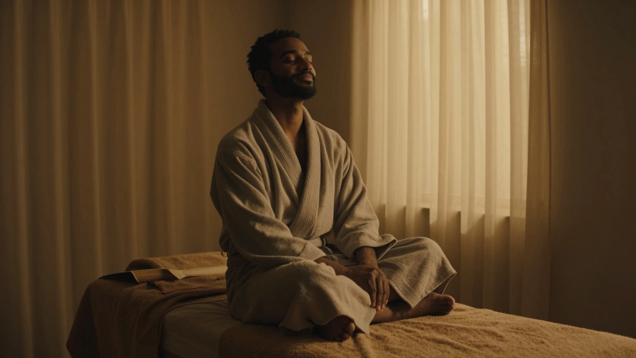 A man sitting peacefully after a massage, eyes closed, smiling softly in quiet relaxation.