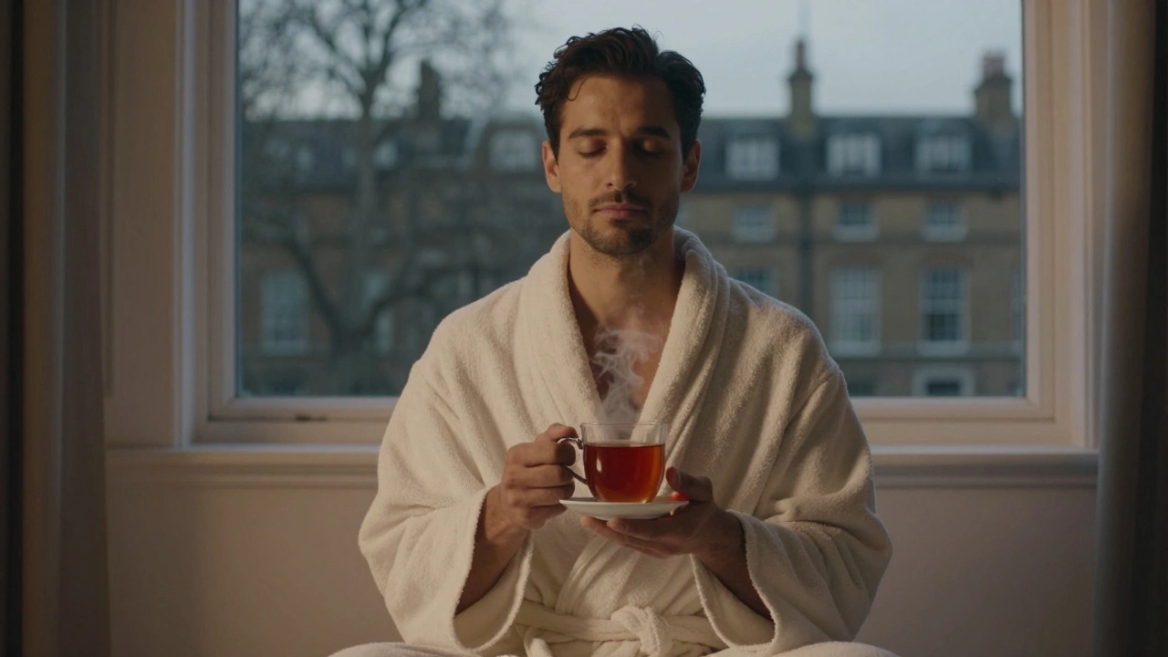 A man wrapped in a robe, eyes closed, holding tea after a calming massage session.