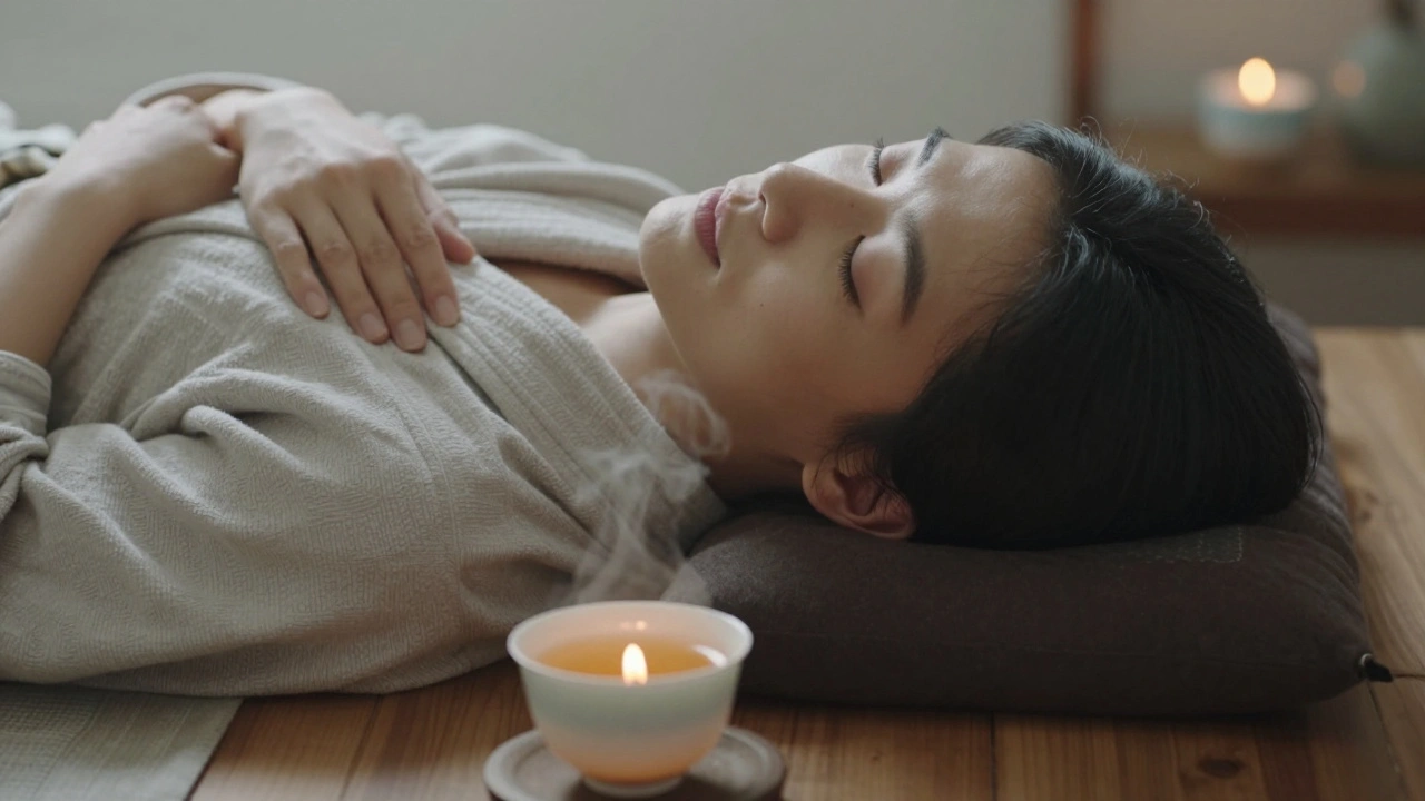 A person lying peacefully after a massage, eyes closed, smiling softly in quiet relaxation.