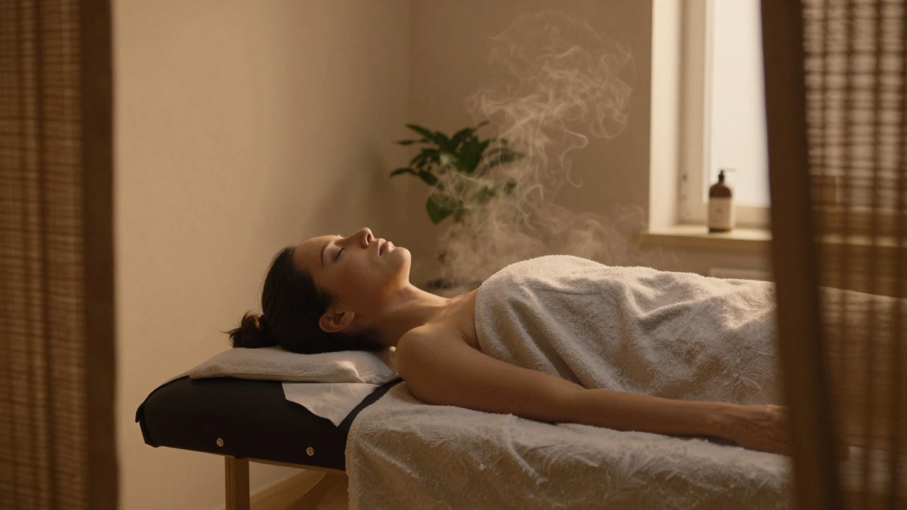 A person lying peacefully on a massage table, eyes closed, in a serene studio setting.