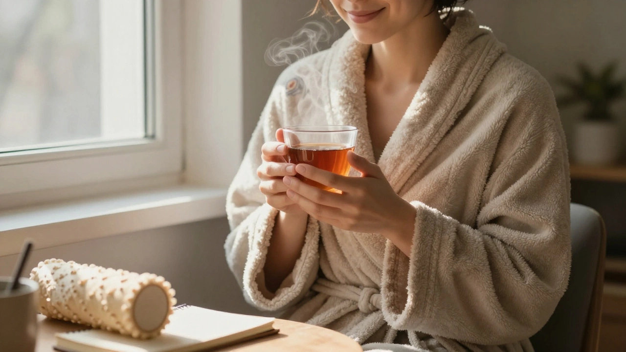 A person relaxing in a robe, drinking tea after a massage session.