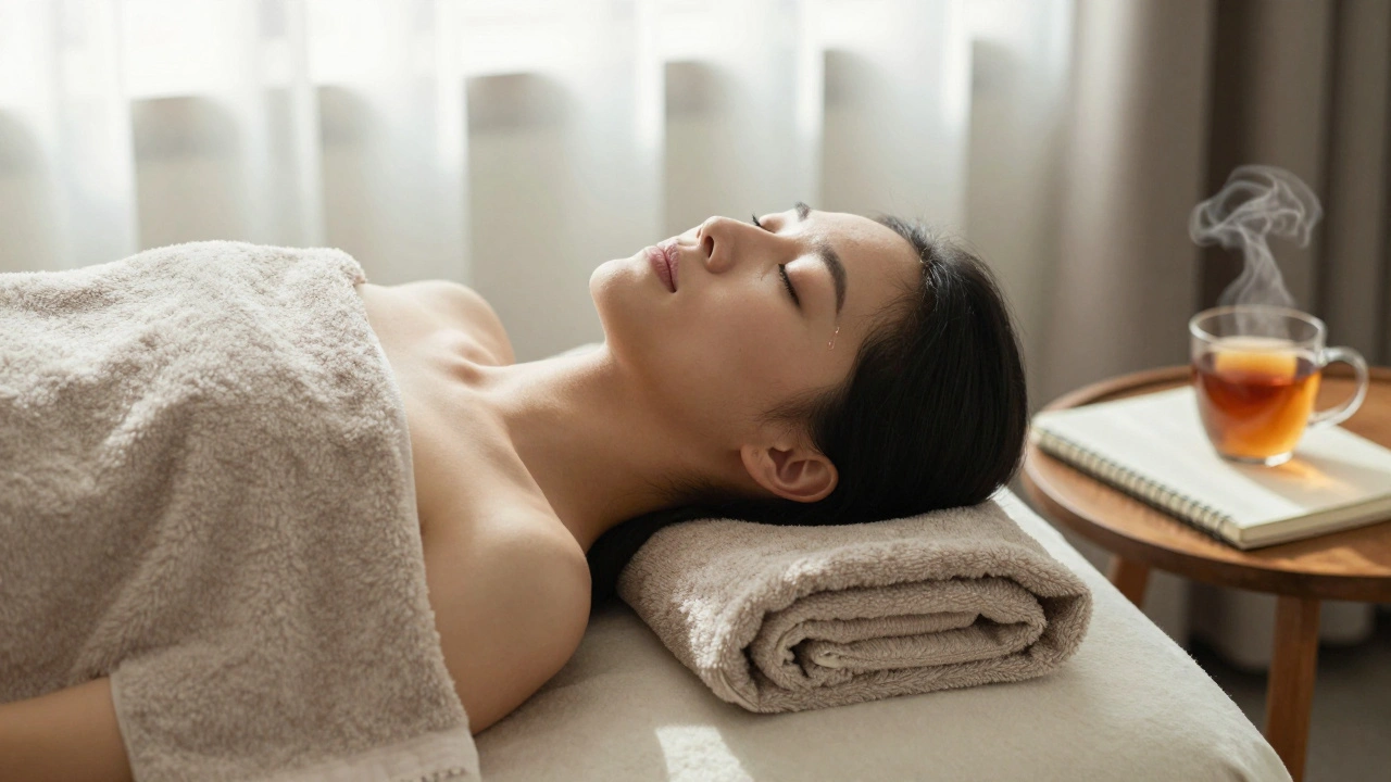 A person resting after a session, wrapped in a towel, tear on cheek, tea nearby.