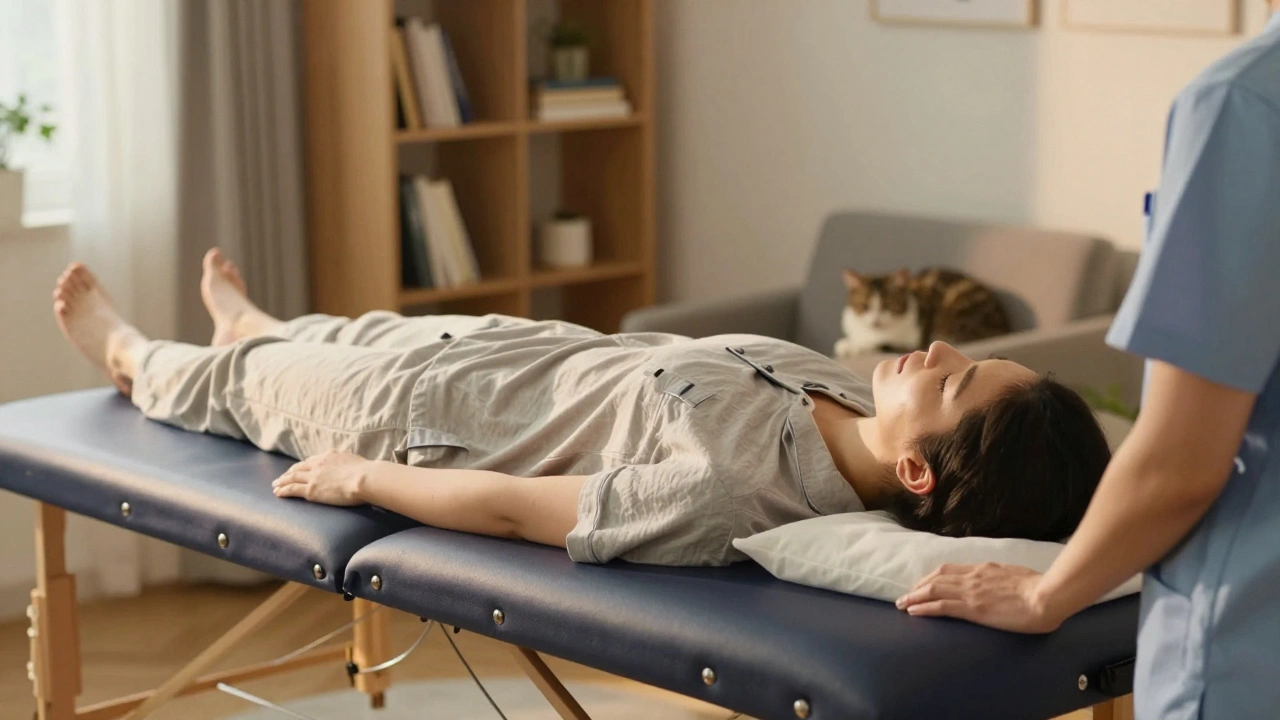 A person resting peacefully on a massage table at home, eyes closed, surrounded by familiar comforts.