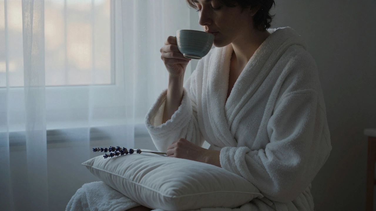 A person wrapped in a robe sipping tea after a massage, eyes closed in calm relaxation.