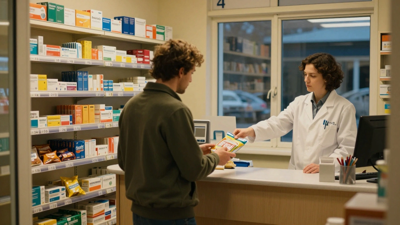 A quiet 24-hour pharmacy with a customer and pharmacist exchanging a bag under soft lighting.