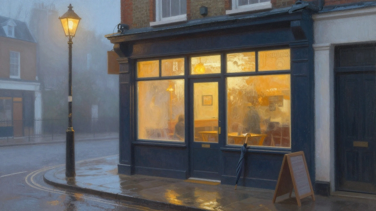 A quiet London cafe window glowing warmly at 2 a.m., rain reflecting on the empty street outside.