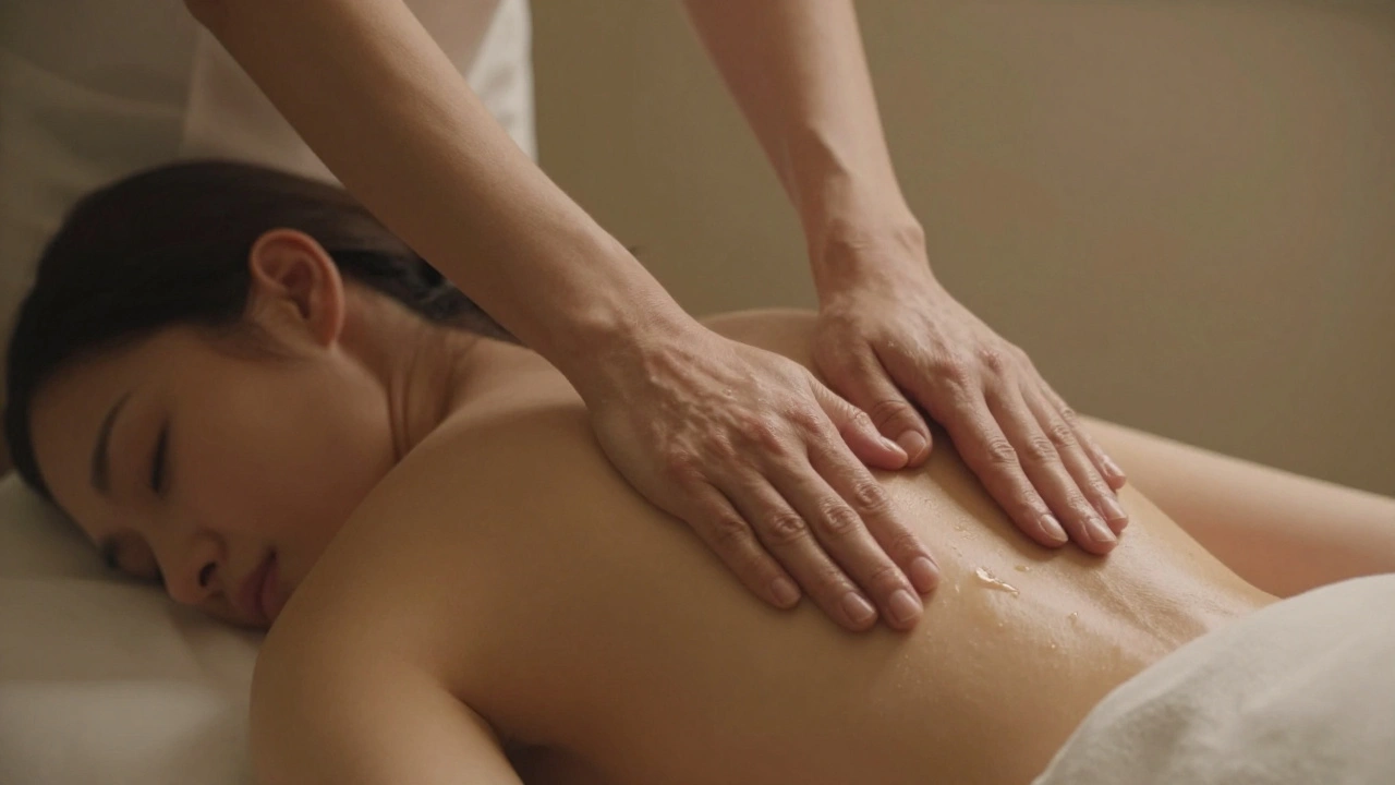 A therapist's forearms gliding over a client's back with oil sheen, only the shoulder exposed under a towel.