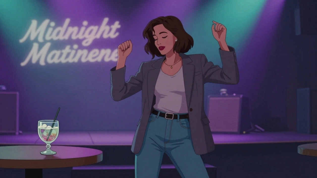 A woman in her 30s dancing at a retro synth night with soft purple and teal lights.