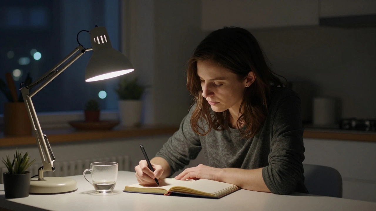 A woman writing at a kitchen table late at night, lit by a single lamp, city lights visible outside.