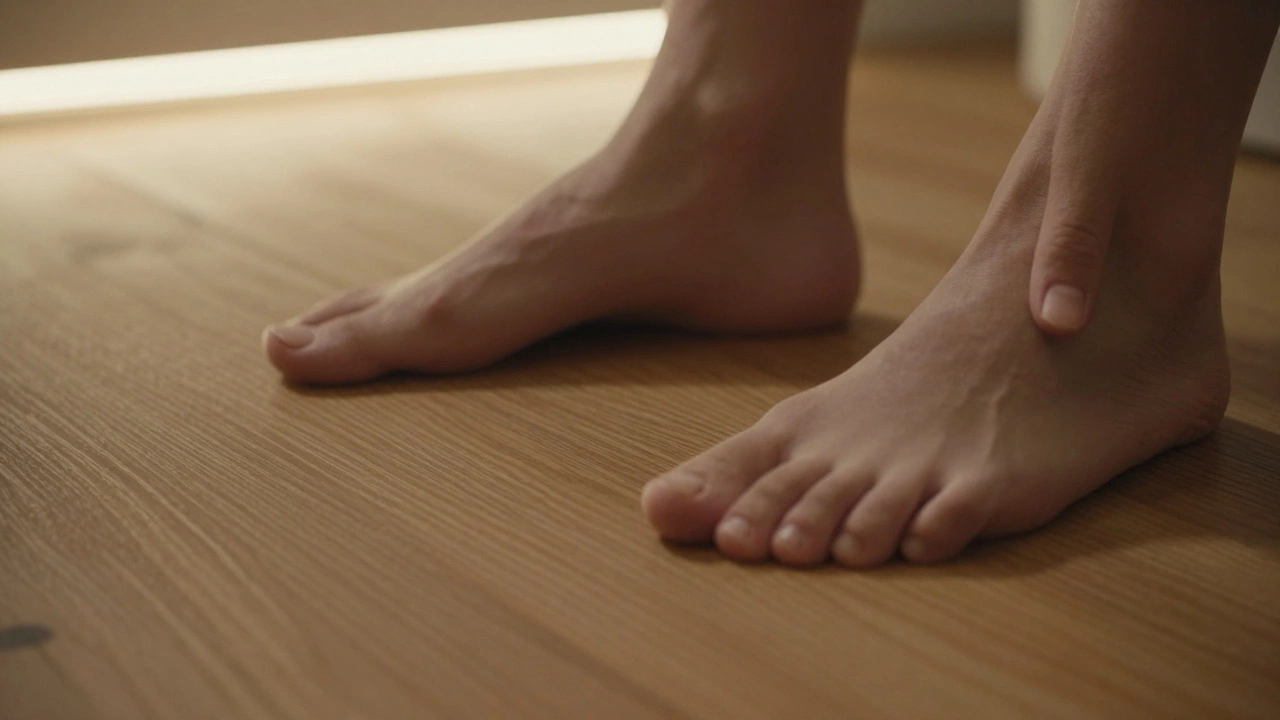 Bare feet on wooden floor feeling bass vibrations through the grain.