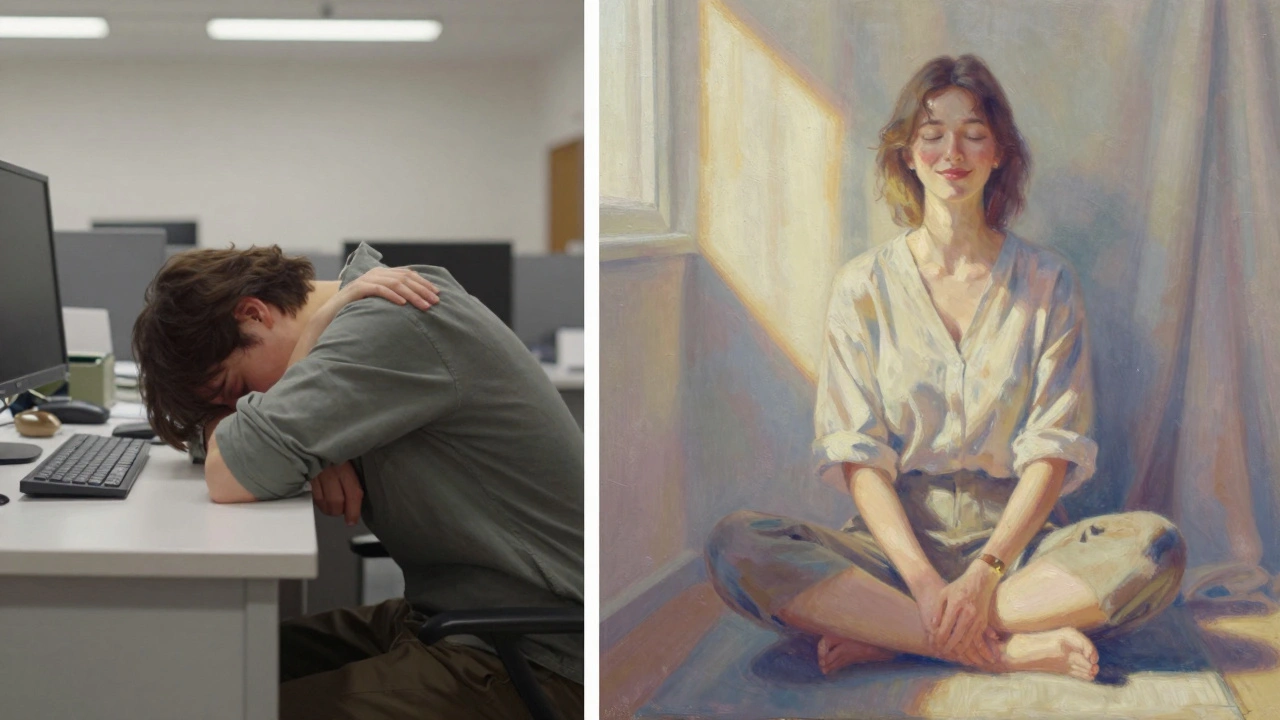 Before and after: person hunched at desk versus relaxed on mat, showing transformation from tension to calm.