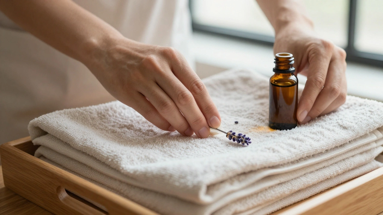 Close-up of clean linens, massage oil, and a therapist's hands preparing tools for a session.