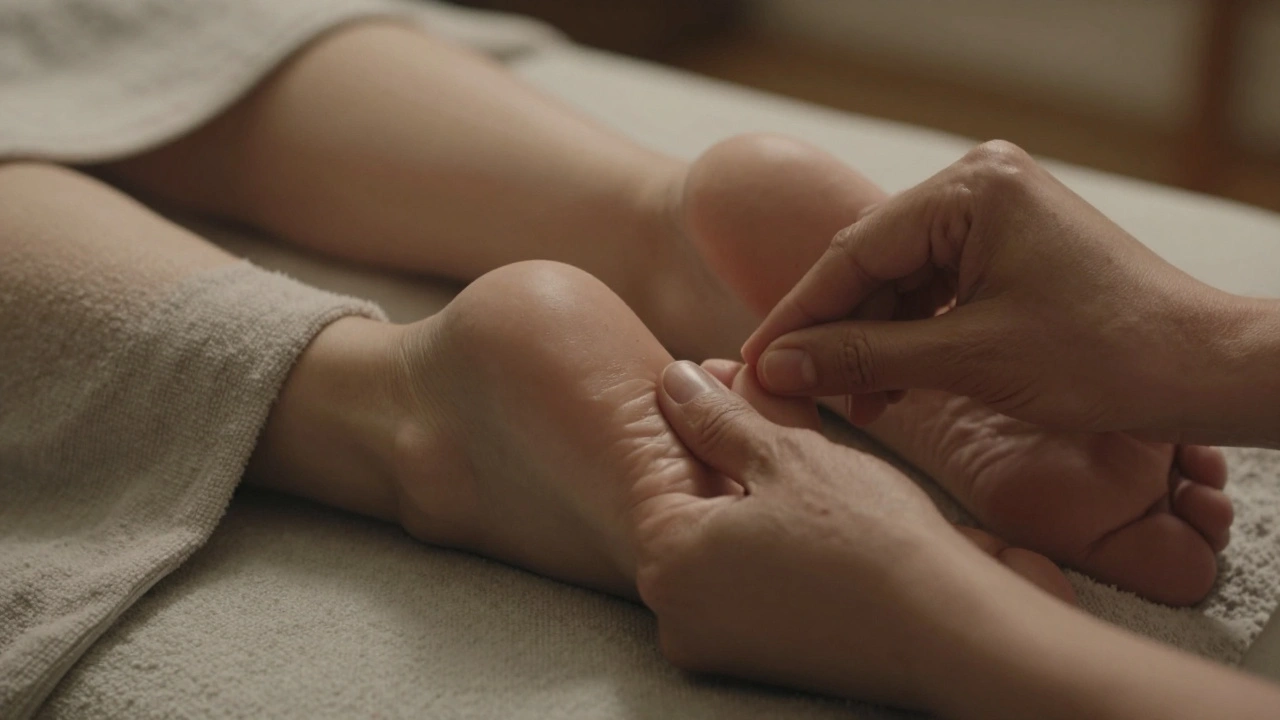 Close-up of thumbs pressing reflexology points on a foot with a towel draped over the legs.