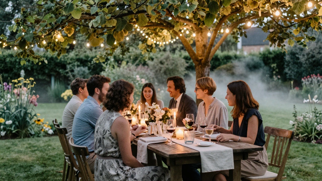 Cozy garden party with fairy lights and guests chatting at wooden tables