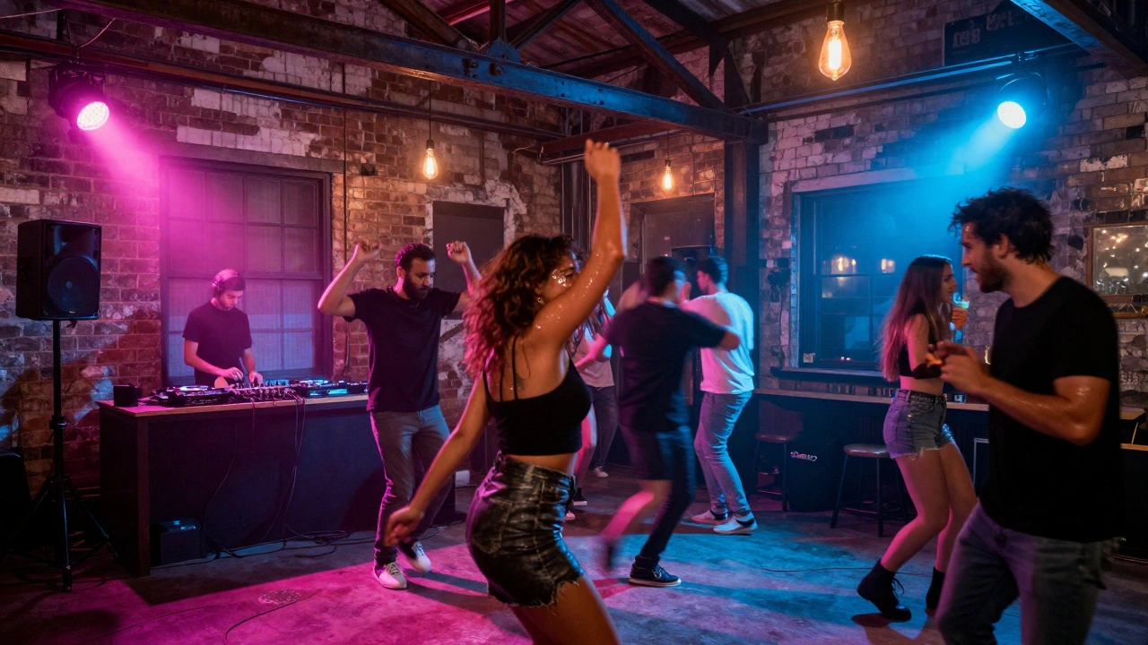 Crowd dancing in a warehouse venue under neon lights with a live DJ