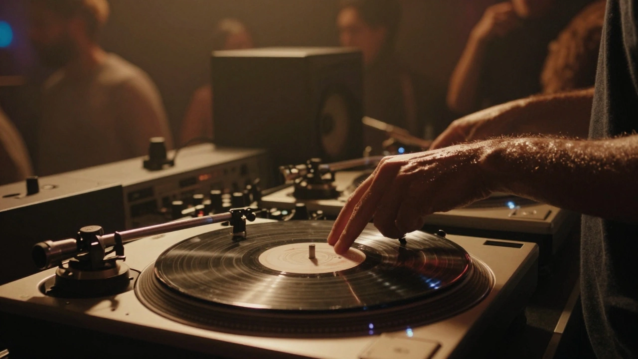 DJ's hands on turntables in foggy low-light booth