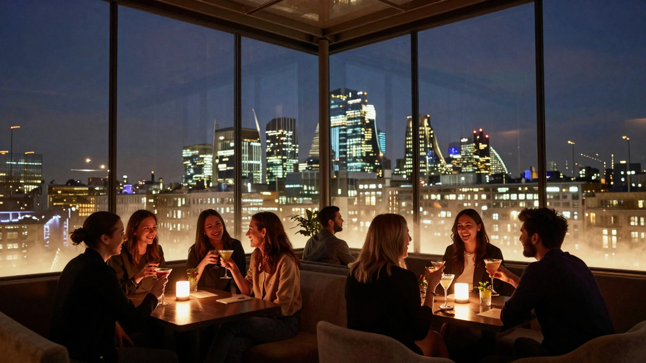 Friends enjoying drinks on the Terrace with city lights and projected visuals visible through glass walls