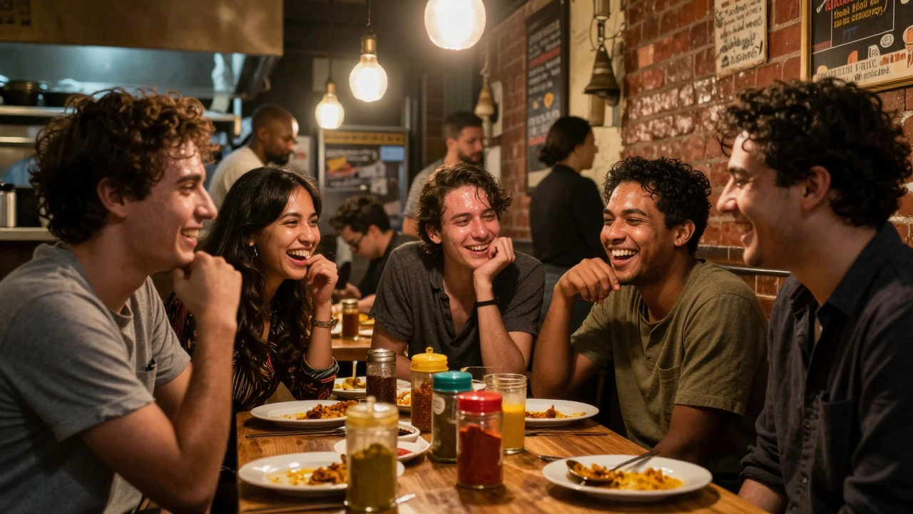 Group of diverse people laughing at a table in a 3 a.m. curry house.