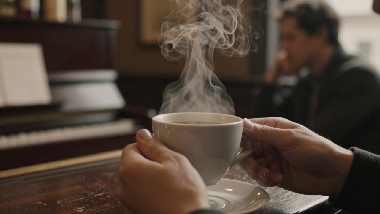 Hands holding a coffee cup in a dim bar, steam rising, piano faintly visible in background.