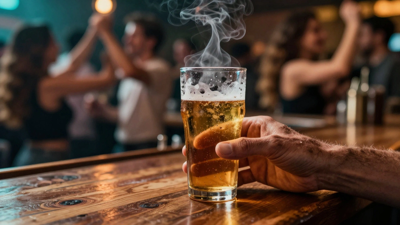 Hands holding a pint and cocktail at a busy bar with blurred crowd