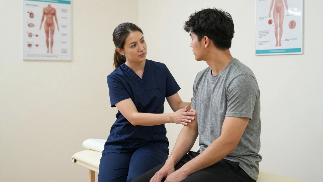 Licensed physiotherapist explaining prostate massage technique to a patient in a London clinic.